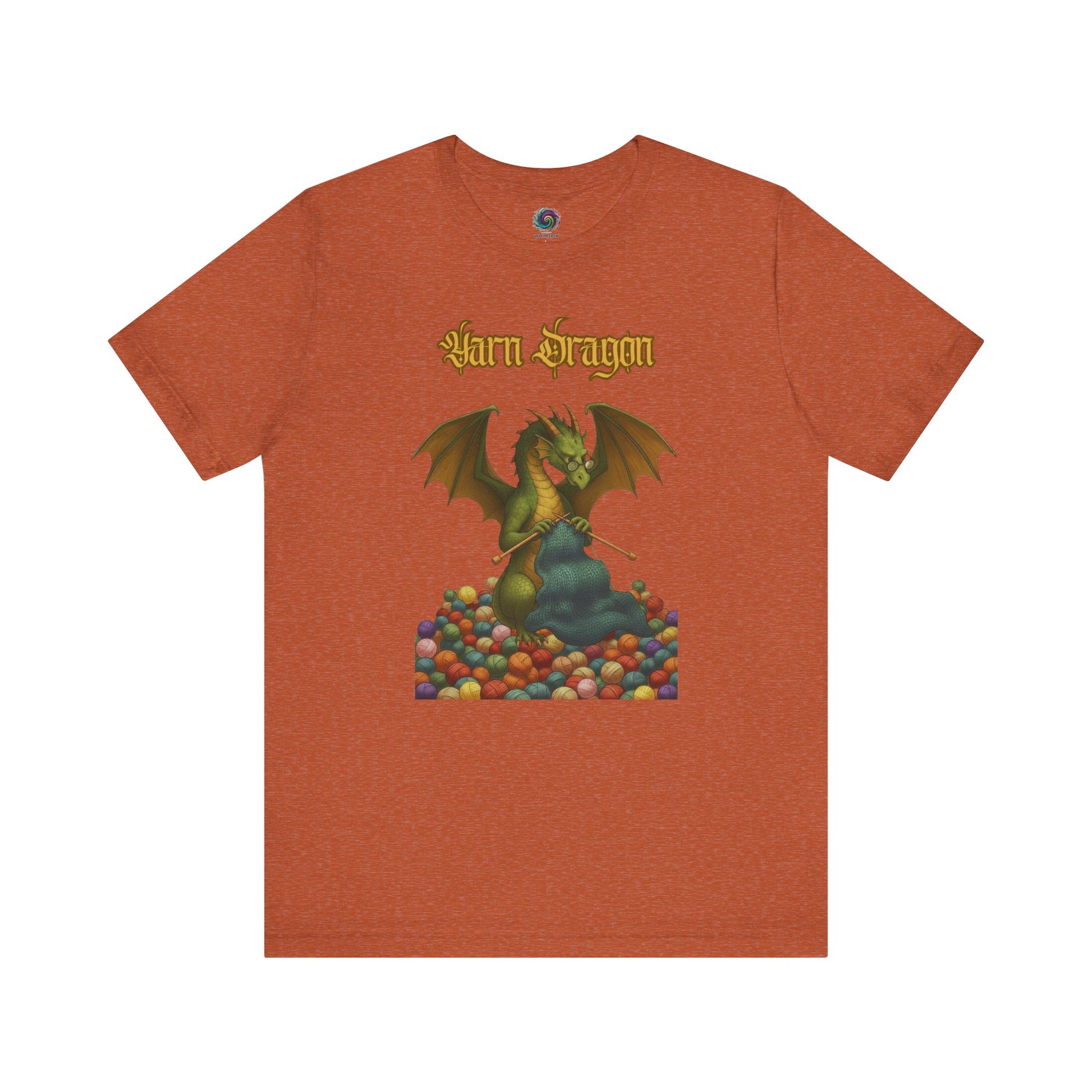 Yarn Dragon T-Shirt – Funny Knitting Dragon Shirt for Yarn Lovers in heather autumn showing warm-toned yarn stash and proud dragon.