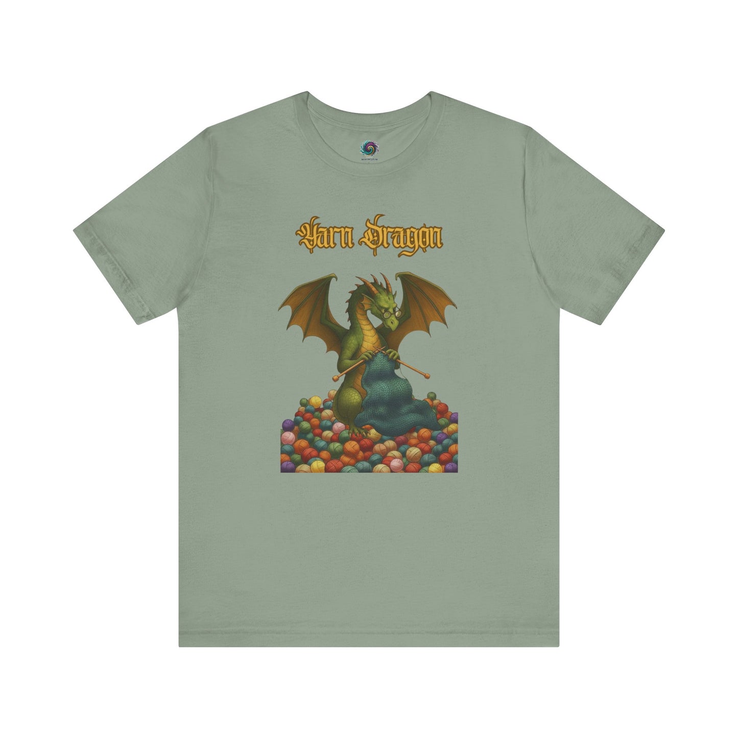 Yarn Dragon T-Shirt – Funny Knitting Dragon Shirt for Yarn Lovers in sage featuring dragon hoarding colorful yarn with needles in hand.