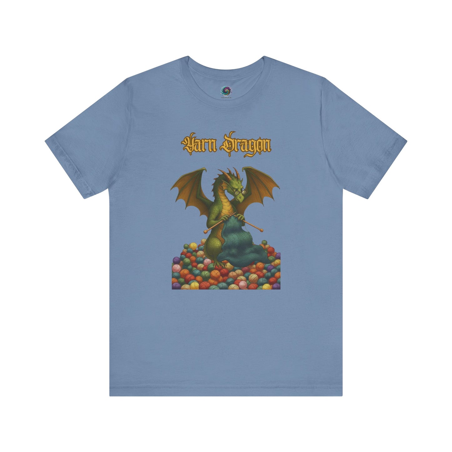 Yarn Dragon T-Shirt – Funny Knitting Dragon Shirt for Yarn Lovers in steel blue featuring fantasy dragon curled around giant yarn ball.