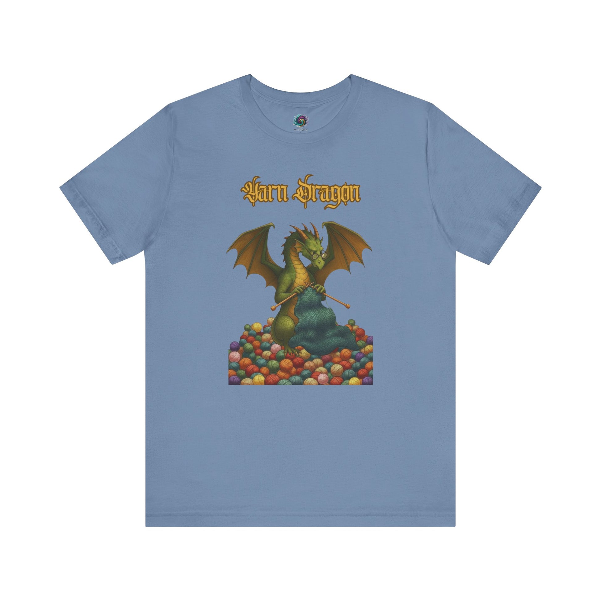 Yarn Dragon T-Shirt – Funny Knitting Dragon Shirt for Yarn Lovers in steel blue featuring fantasy dragon curled around giant yarn ball.