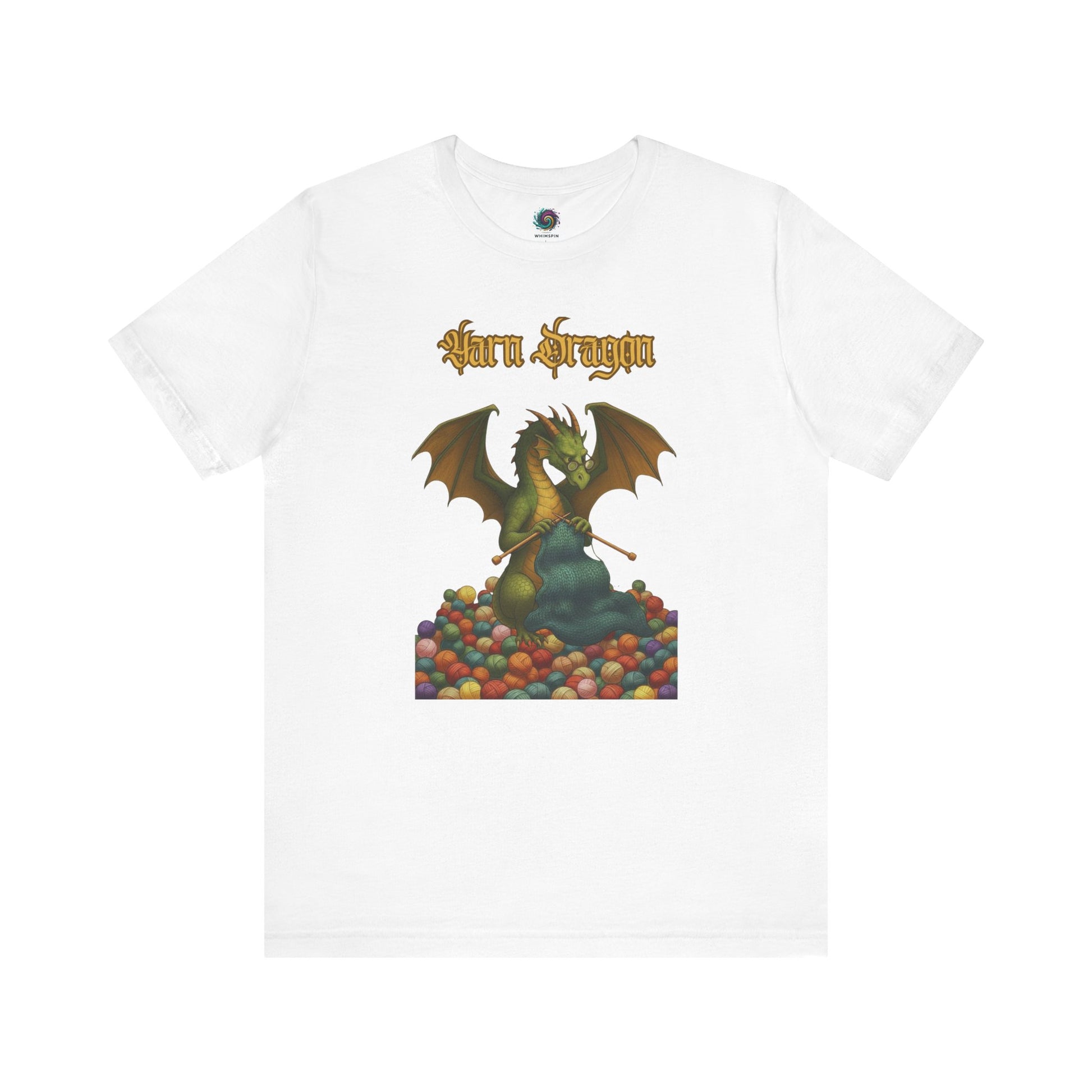 Yarn Dragon T-Shirt – Funny Knitting Dragon Shirt for Yarn Lovers in white with vivid dragon artwork holding golden needles.