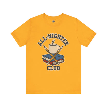 Yellow t-shirt with 'All-Nighter Club' graphic design on a white  background All-Nighter Club T-Shirt – Funny Caffeine & Study Tee for Night Owls