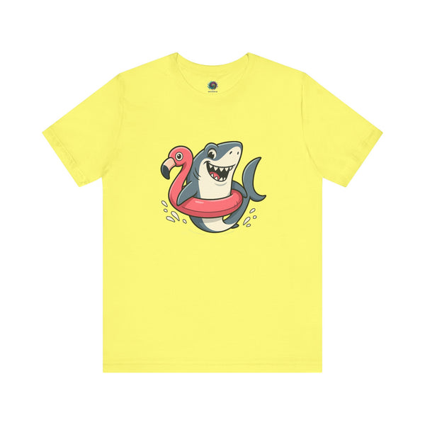 Shark Flamingo Floatie T-Shirt – Funny Beach & Pool Day Tee Yellow shirt for sunny beach and pool fun with a funny image of a shark in a floatie shaped like a flamingo