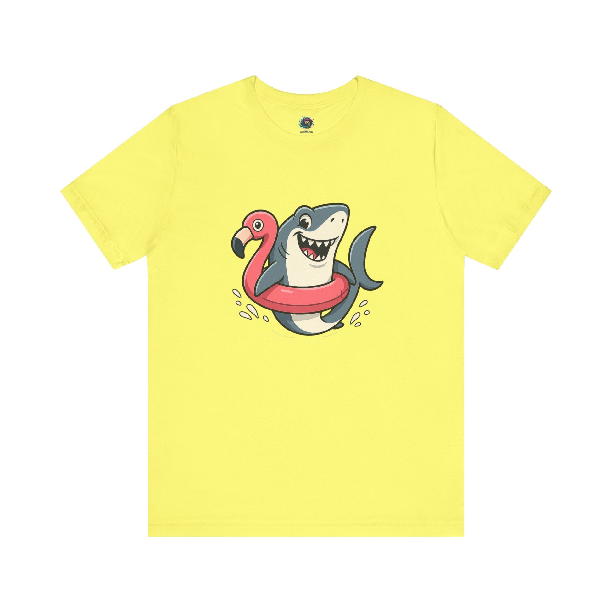 Shark Flamingo Floatie T-Shirt – Funny Beach & Pool Day Tee Yellow shirt for sunny beach and pool fun with a funny image of a shark in a floatie shaped like a flamingo