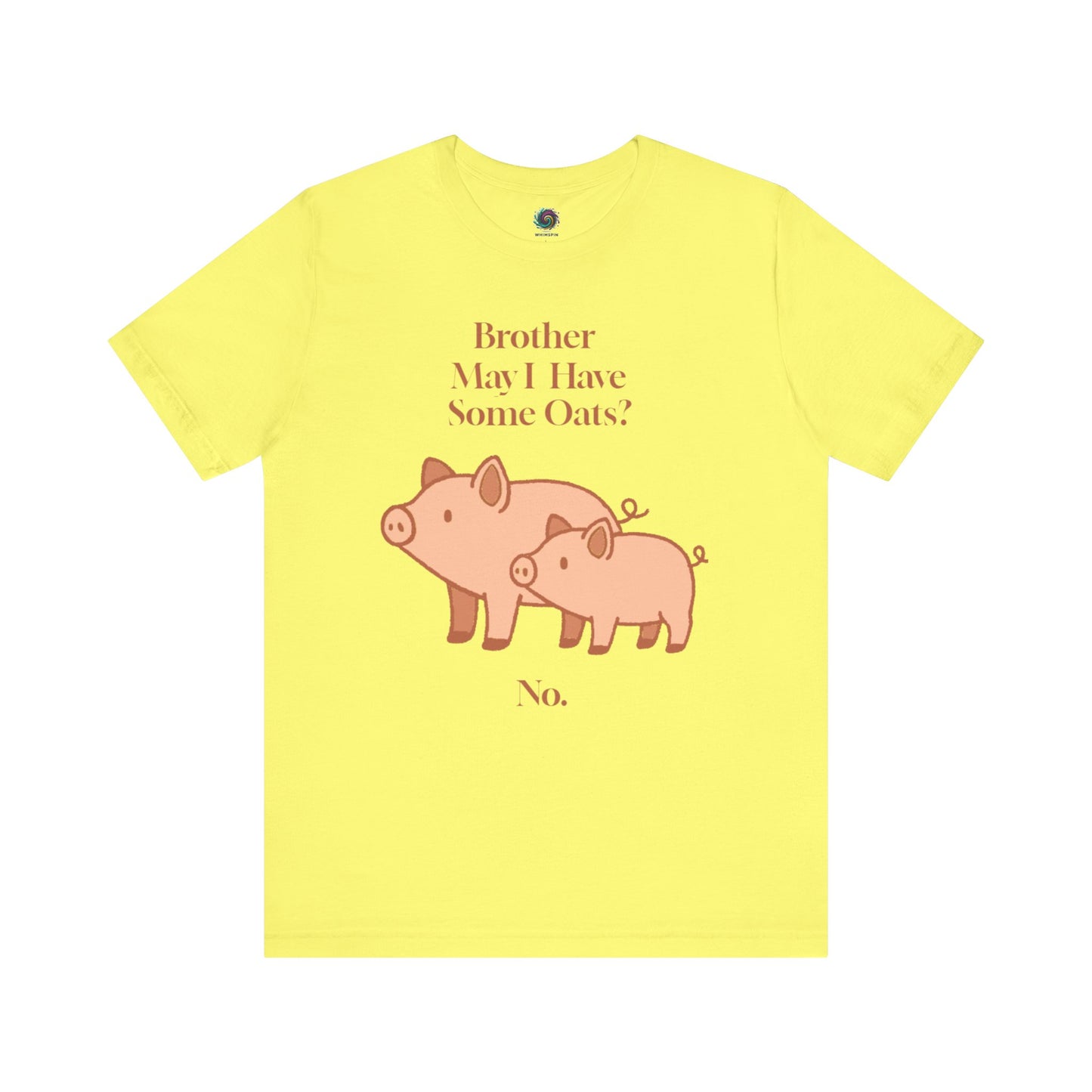 Brother May I Have Some Oats T-Shirt – Funny Viral Pig Meme Tee in yellow with high-contrast pig design and a darkly comedic oats quote.