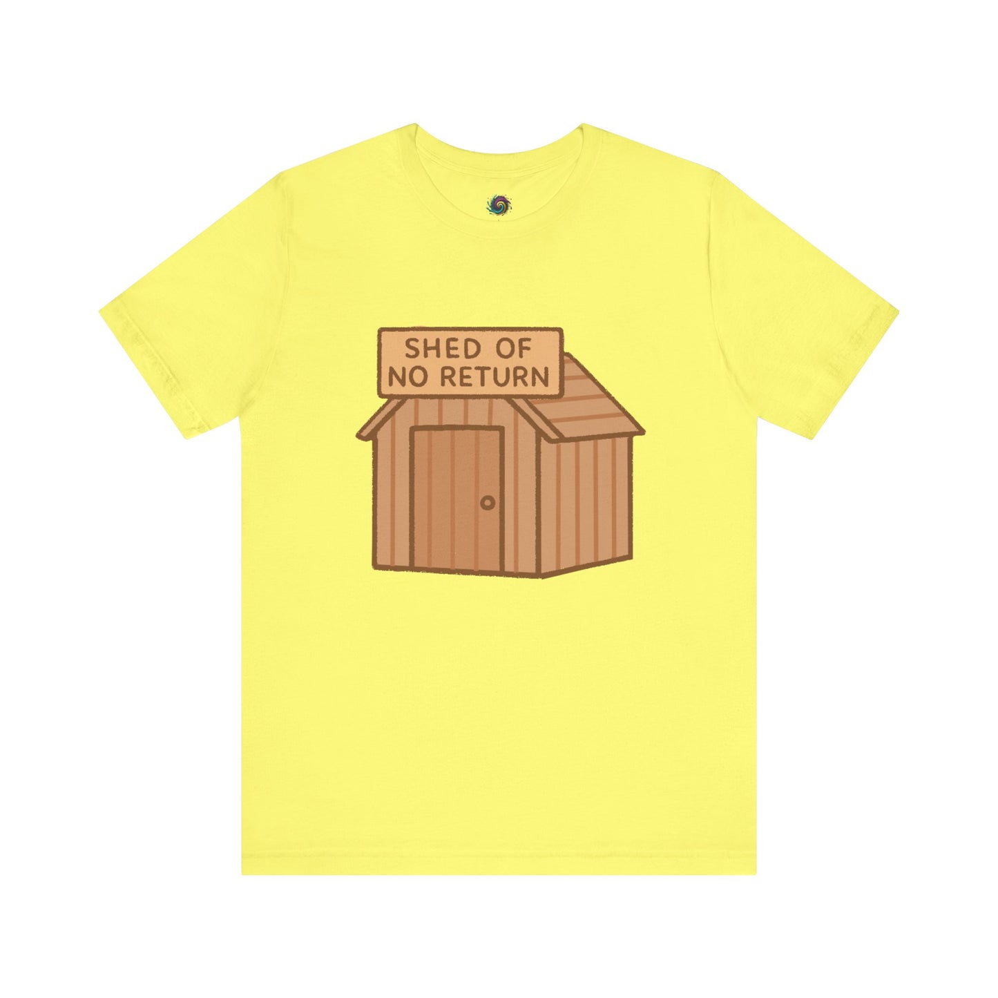 Yellow Light Grey Shed of No Returns T shirt from Whimspin lay-flat image on a white background