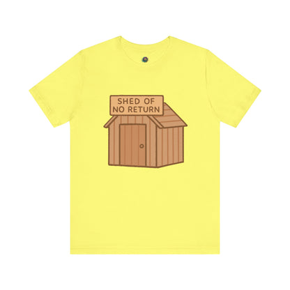 Yellow Light Grey Shed of No Returns T shirt from Whimspin lay-flat image on a white background