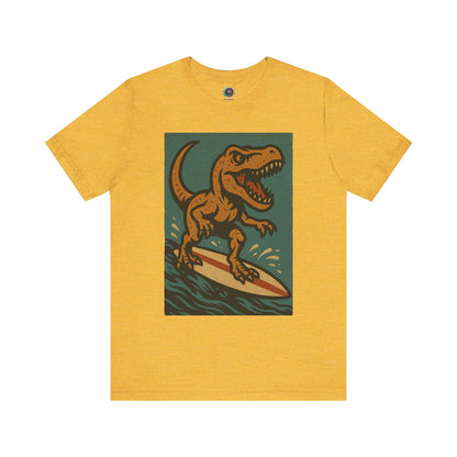 Yellow Surfing t-rex t shirt  from WhimSpin- A rearing t Rex riding a yellow surf board on the waves