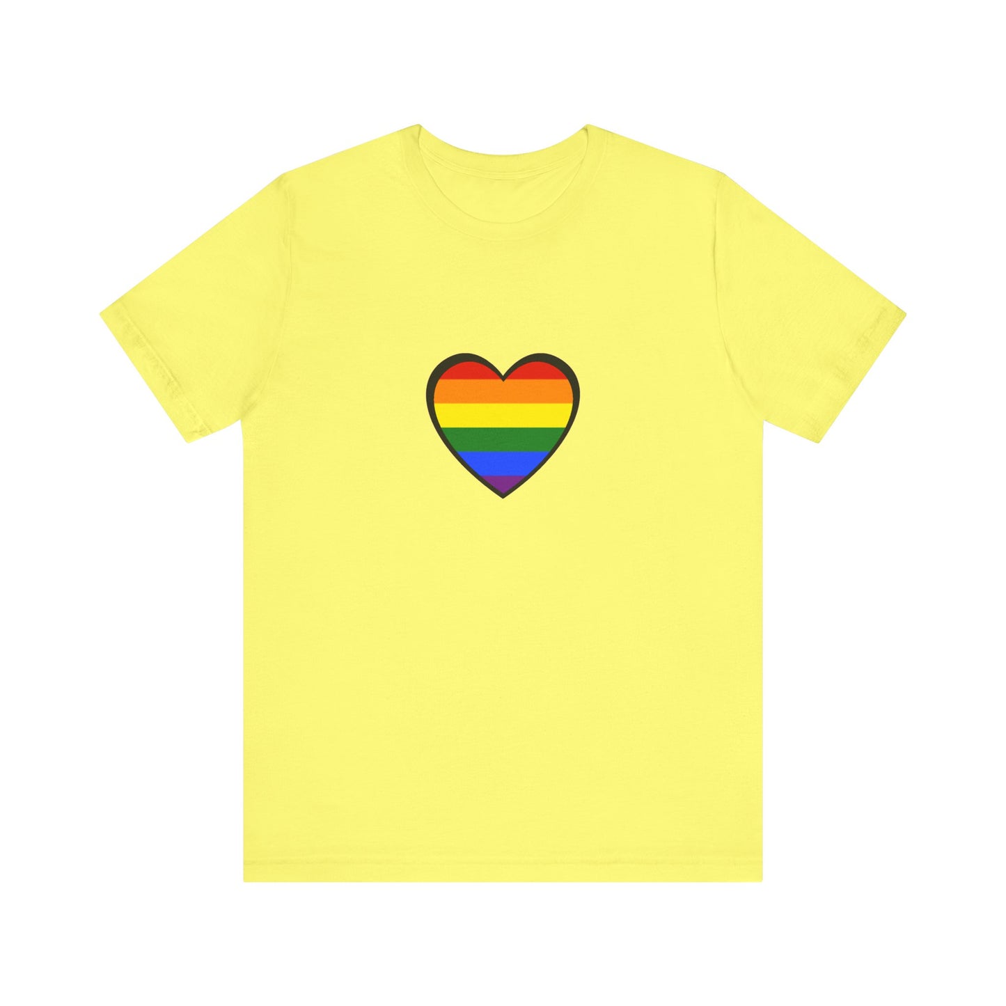 Pride Heart Flag T-Shirt  - Yellow pride heart t shirt with rainbow symbol of unity and love
