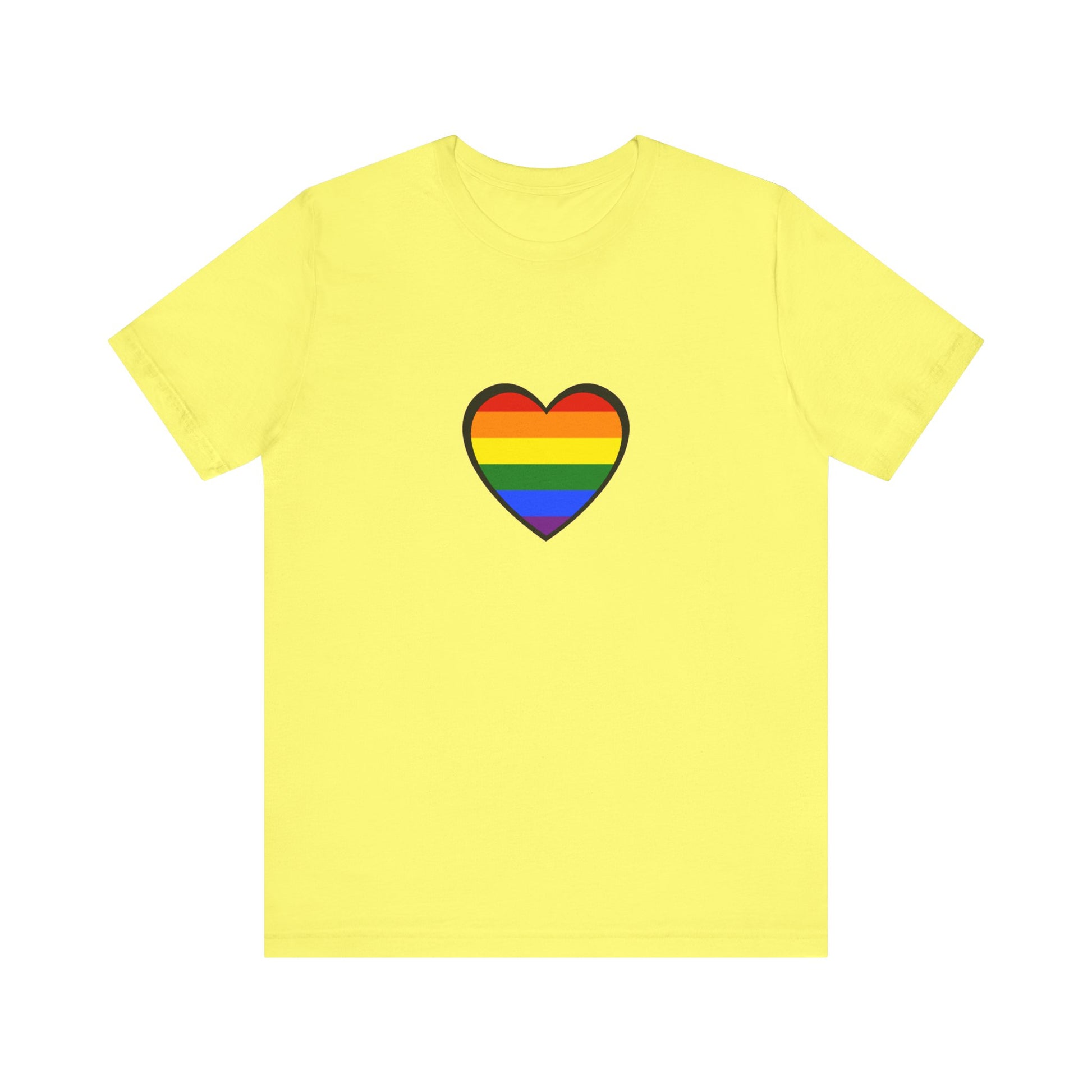 Pride Heart Flag T-Shirt  - Yellow pride heart t shirt with rainbow symbol of unity and love