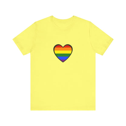 Pride Heart Flag T-Shirt  - Yellow pride heart t shirt with rainbow symbol of unity and love