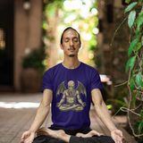 Meditating Cthulhu Shirt – Unisex Mythos Tee for Sci-Fi & Festival Fans in purple featuring a cosmic Lovecraftian elder god in a peaceful lotus pose, perfect for fans of Cthulhu meditation and dark mythology.