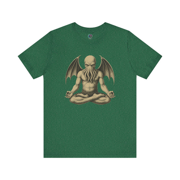 Meditating Cthulhu Shirt – Unisex Mythos Tee for Sci-Fi & Festival Fans in heather grass green, combining peaceful meditation energy with Lovecraftian chaos.