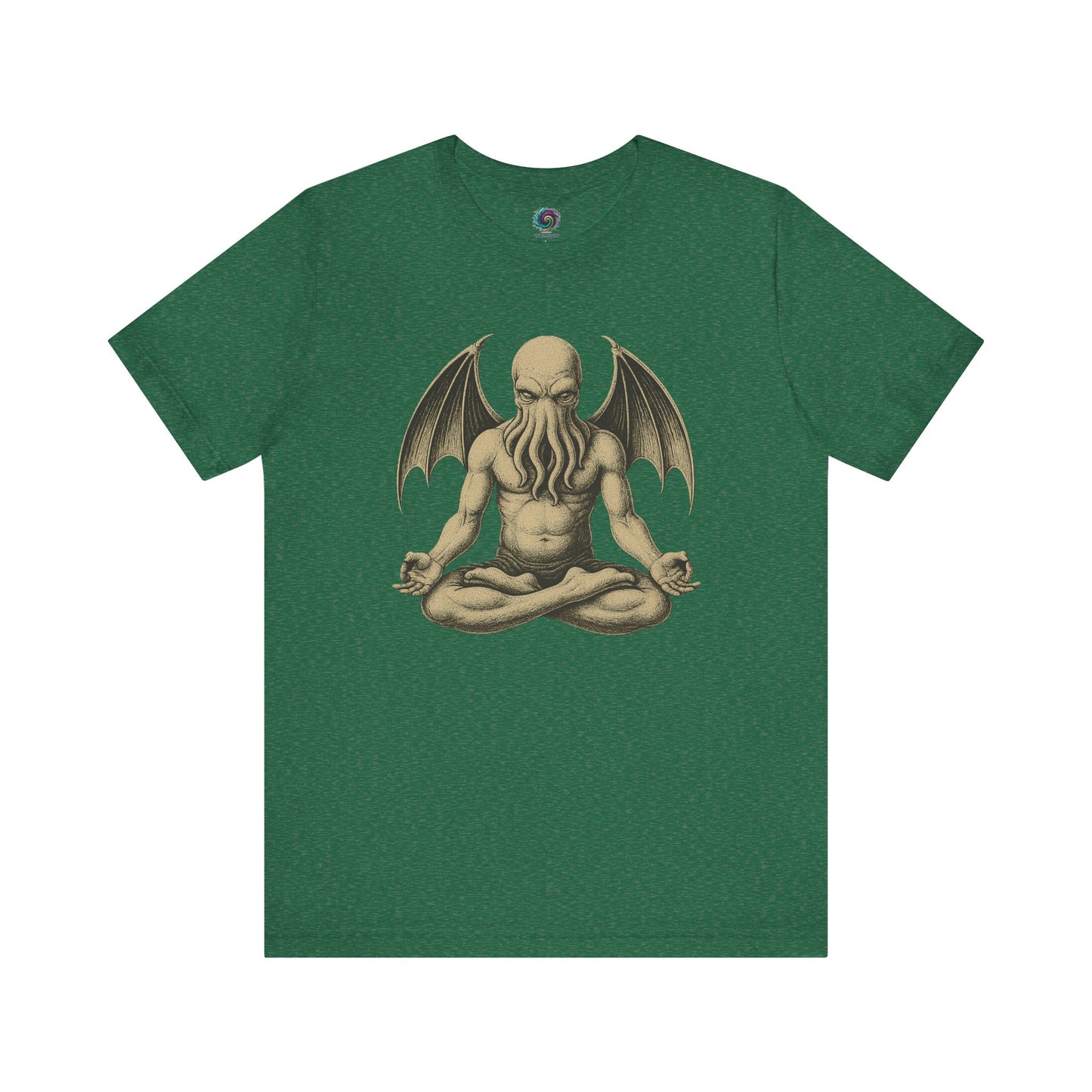 Meditating Cthulhu Shirt – Unisex Mythos Tee for Sci-Fi & Festival Fans in heather grass green, combining peaceful meditation energy with Lovecraftian chaos.