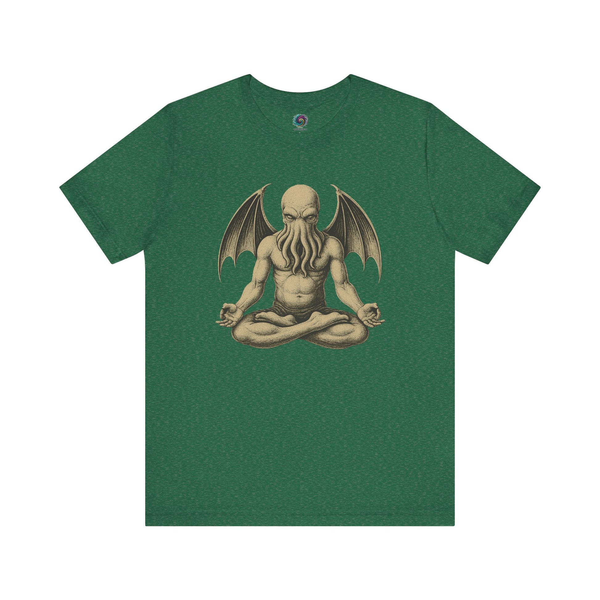Meditating Cthulhu Shirt – Unisex Mythos Tee for Sci-Fi & Festival Fans in heather grass green, combining peaceful meditation energy with Lovecraftian chaos.