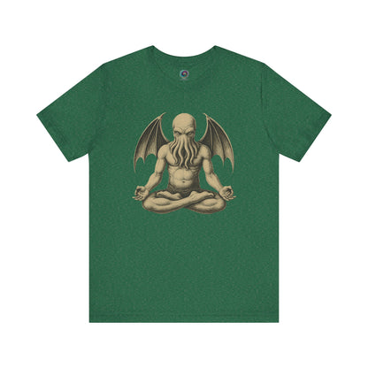 Meditating Cthulhu Shirt – Unisex Mythos Tee for Sci-Fi & Festival Fans in heather grass green, combining peaceful meditation energy with Lovecraftian chaos.