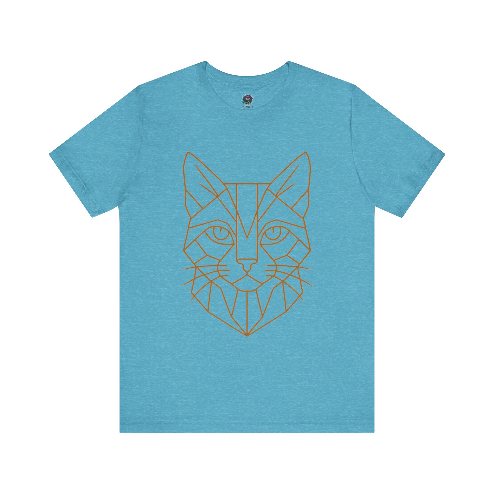 Turquoise t shirt with a cat head drawn in geometric lines - Geometric Cat T-Shirt – Minimalist Line Art Tee from Whimspin