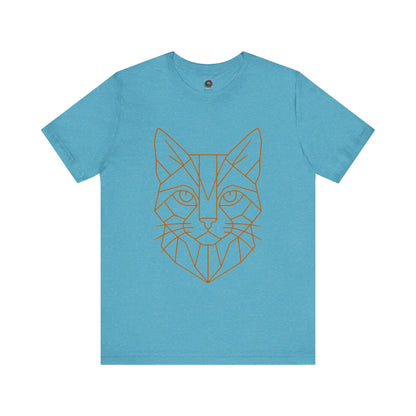 Turquoise t shirt with a cat head drawn in geometric lines - Geometric Cat T-Shirt – Minimalist Line Art Tee from Whimspin