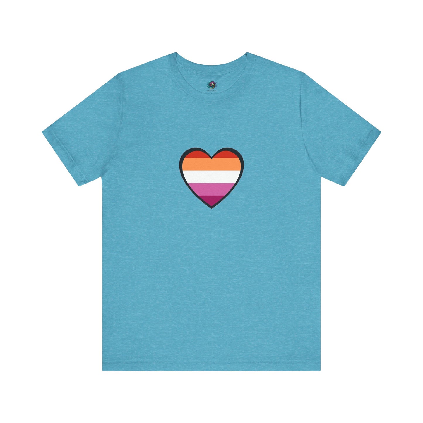 Lesbian Pride Flag Heart T-Shirt – Bold LGBTQ+ Graphic Tee in heather aqua, with a bright and playful lesbian flag heart design.