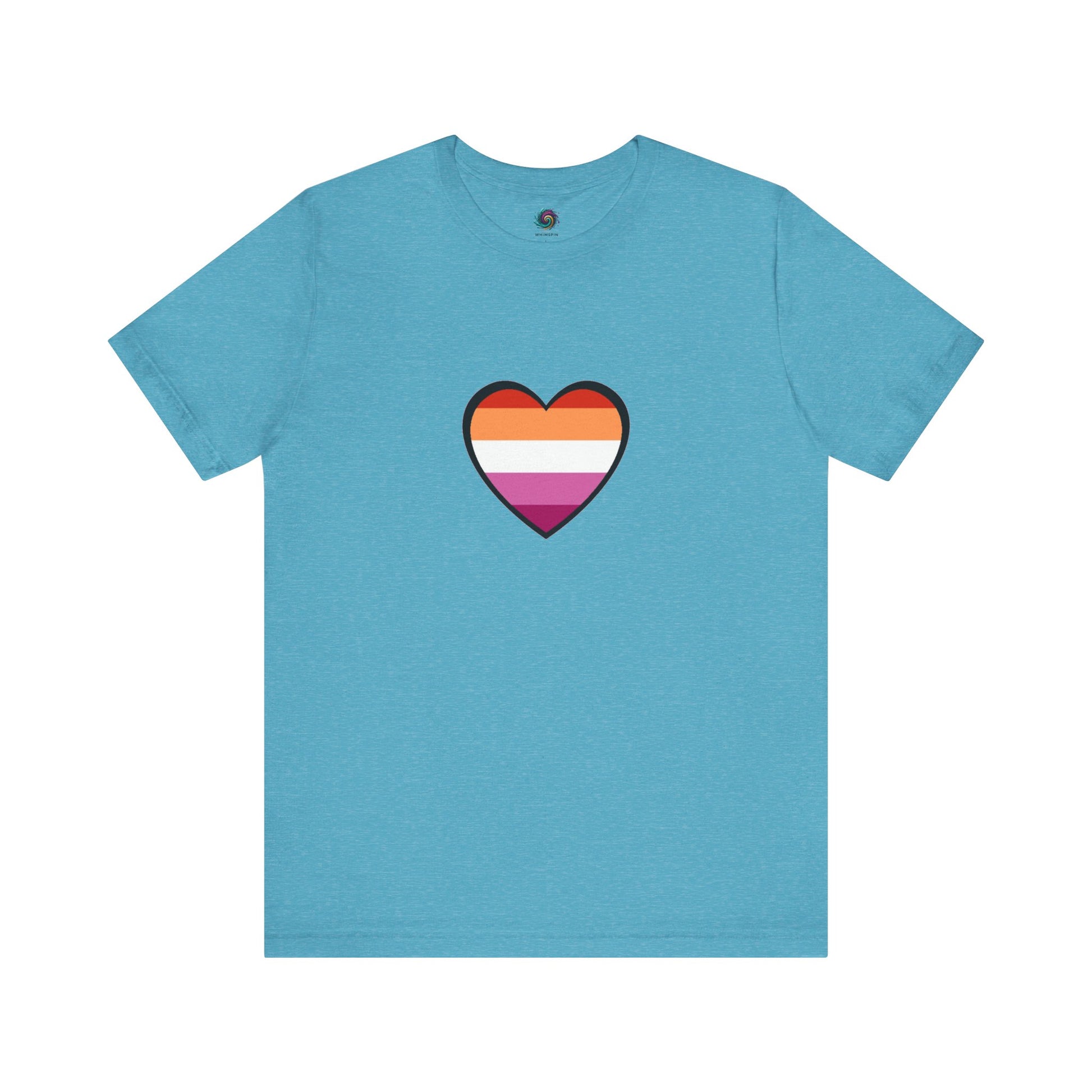 Lesbian Pride Flag Heart T-Shirt – Bold LGBTQ+ Graphic Tee in heather aqua, with a bright and playful lesbian flag heart design.