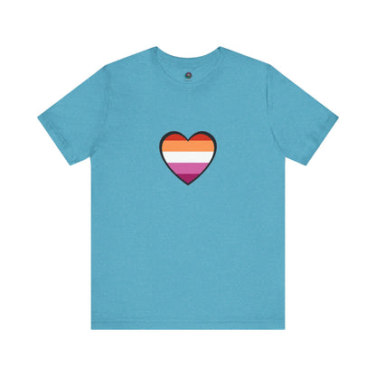 Lesbian Pride Flag Heart T-Shirt – Bold LGBTQ+ Graphic Tee in heather aqua, with a bright and playful lesbian flag heart design.