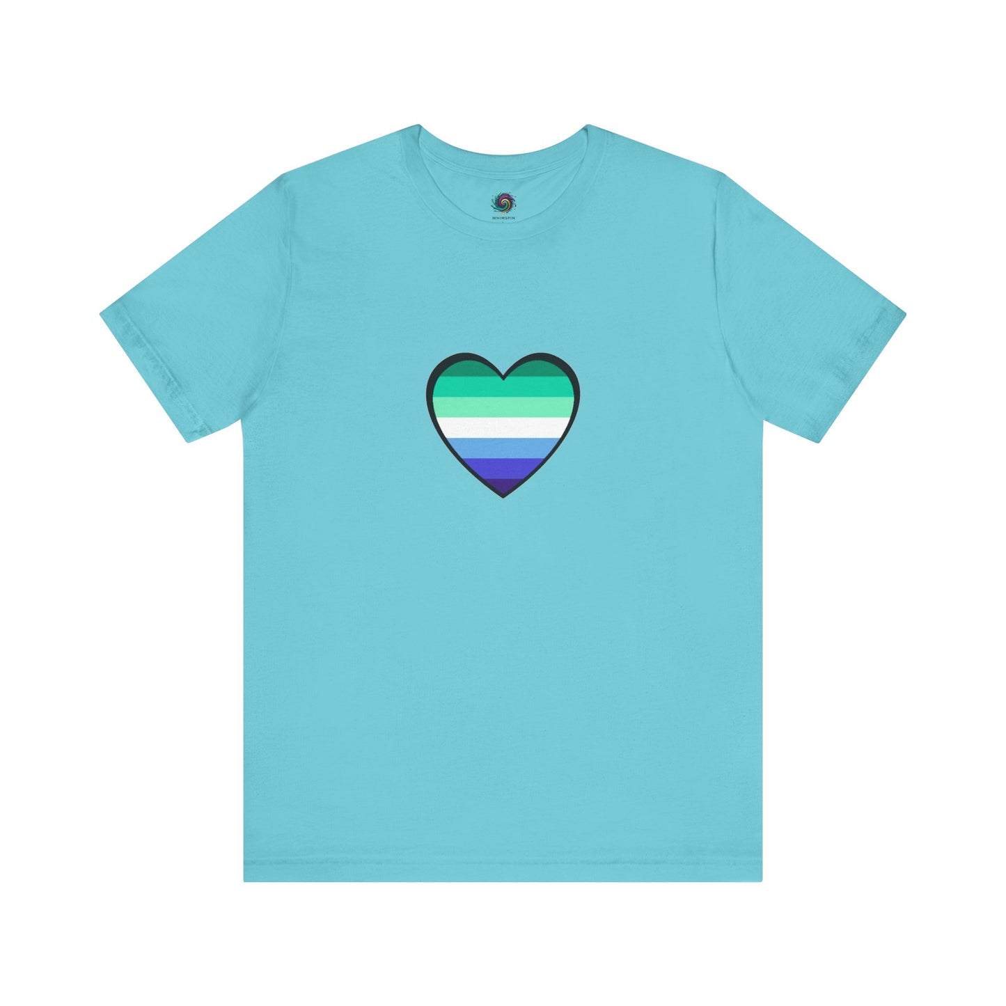 Gay Men's Pride Flag Heart T-Shirt – LGBTQ+ Flag Design on Unisex Tee in turquoise with a bright and cheerful gay heart featuring blue and green stripes.