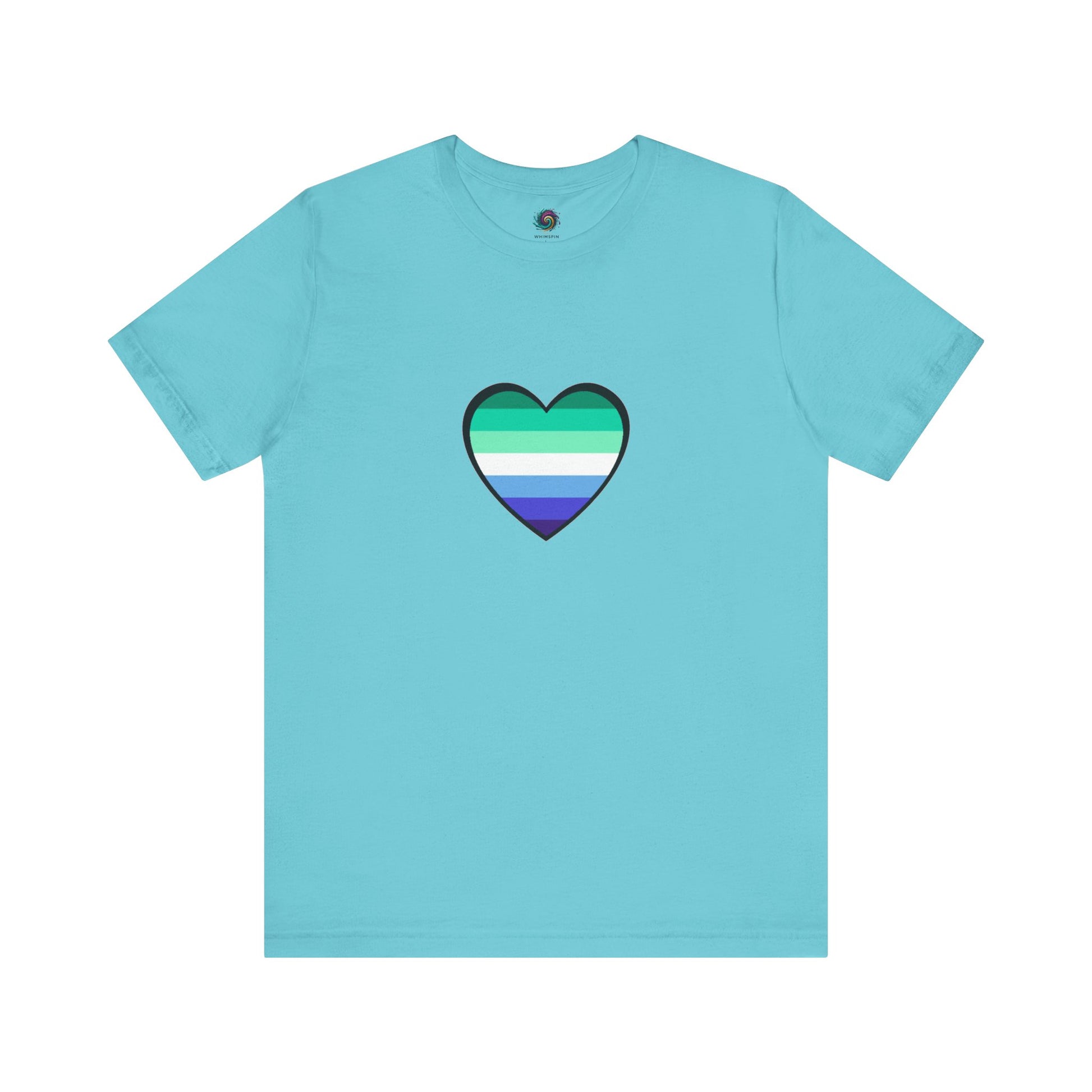 Gay Men's Pride Flag Heart T-Shirt – LGBTQ+ Flag Design on Unisex Tee in turquoise with a bright and cheerful gay heart featuring blue and green stripes.