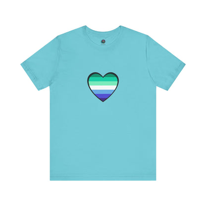 Gay Men's Pride Flag Heart T-Shirt – LGBTQ+ Flag Design on Unisex Tee in turquoise with a bright and cheerful gay heart featuring blue and green stripes.