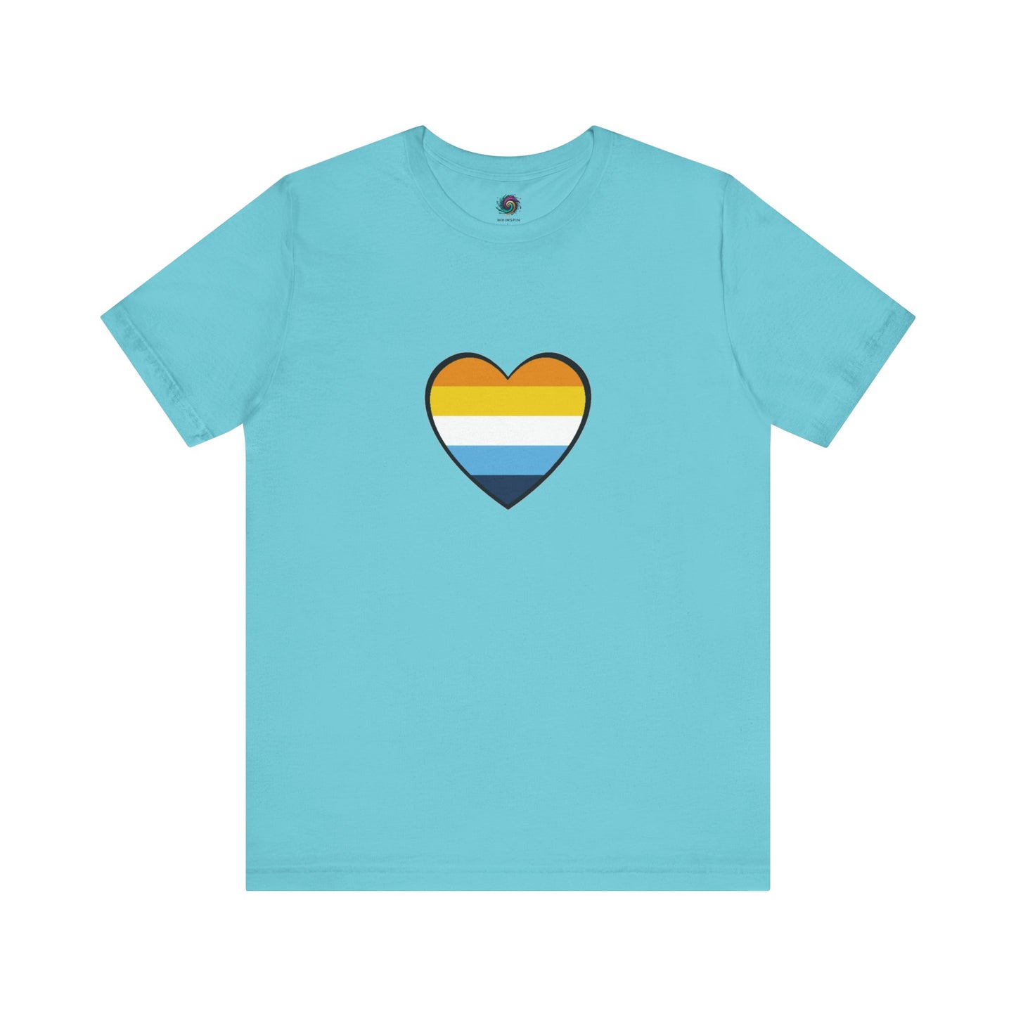 Light Blue AroAce Flag Heart T-shirt from WhimSpin. The shirt is blue with a heart drawn in the center made up of dark orange, light orange, white, turquoise, and navy blue stripes. 