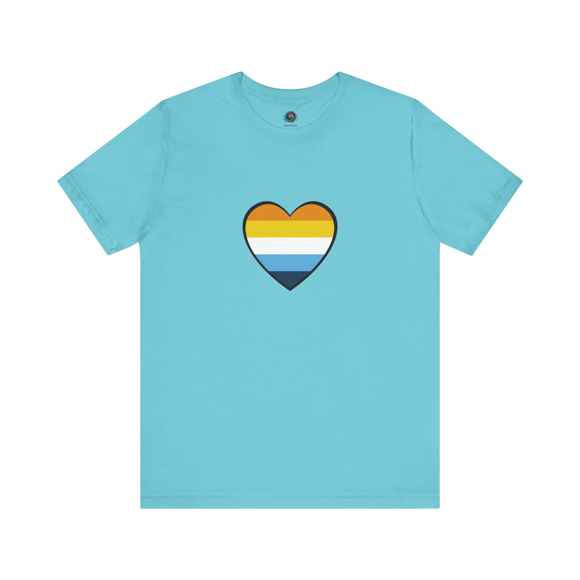 Light Blue AroAce Flag Heart T-shirt from WhimSpin. The shirt is blue with a heart drawn in the center made up of dark orange, light orange, white, turquoise, and navy blue stripes. 