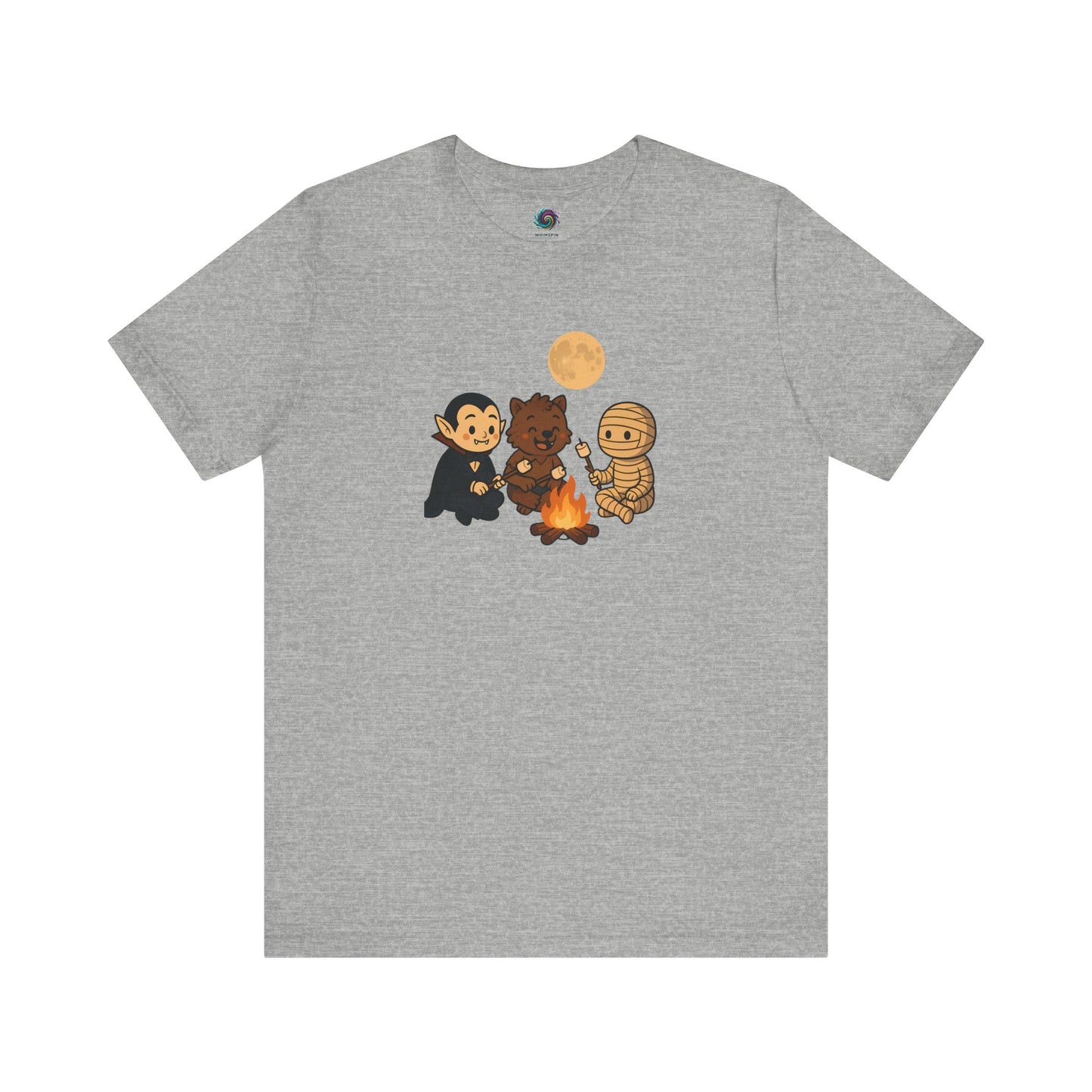 Halloween Monsters Campfire T-Shirt in athletic heather by WhimSpin, showcasing a whimsical monster trio sharing a sweet treat over a fire.
