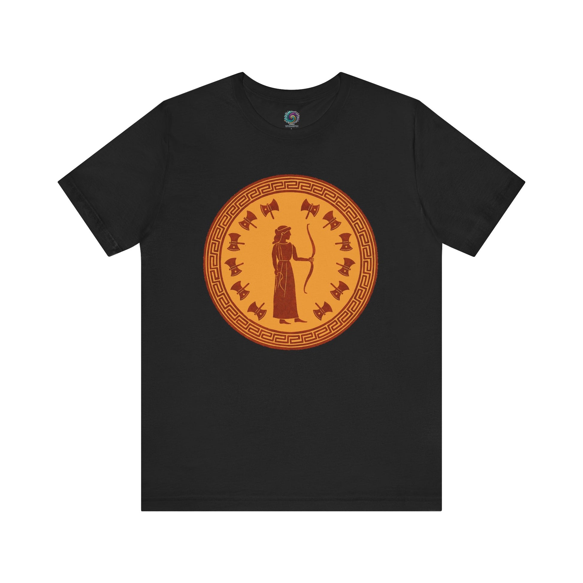 Black Penelope Epic Queen of Ithaca T shirt from Whimspin. The shirt features an image of a woman in ancient Grecian robes holding a bow and surrounded by 12 axes. The images is in terracotta cotta red and gold in the style of ancient amphora art. 