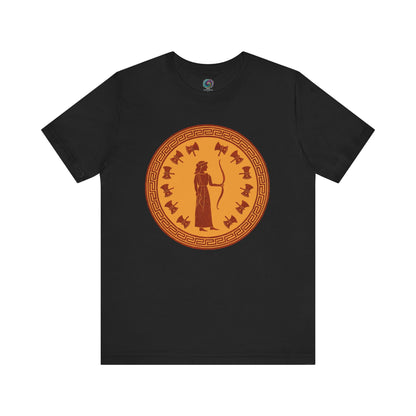 Black Penelope Epic Queen of Ithaca T shirt from Whimspin. The shirt features an image of a woman in ancient Grecian robes holding a bow and surrounded by 12 axes. The images is in terracotta cotta red and gold in the style of ancient amphora art. 