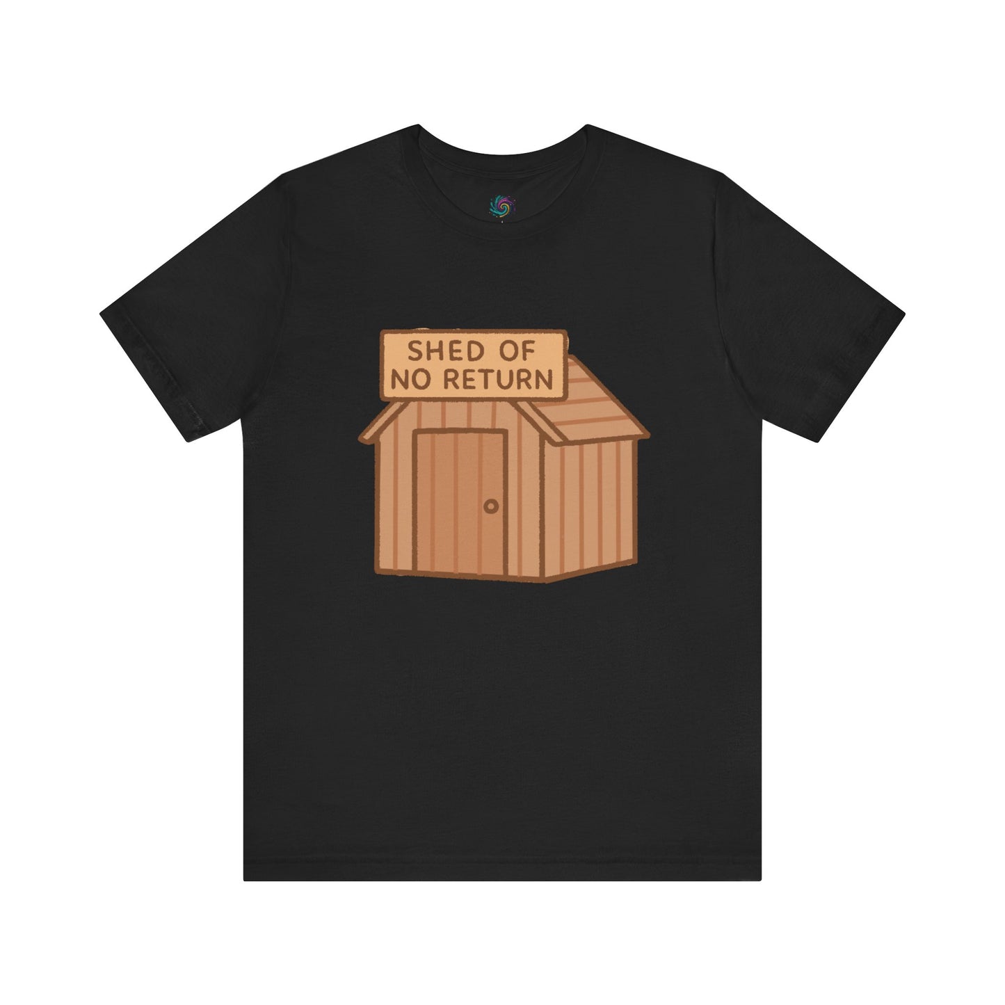 black Shed of No Returns Tshirt from Whimspin lay-flat image on a white background