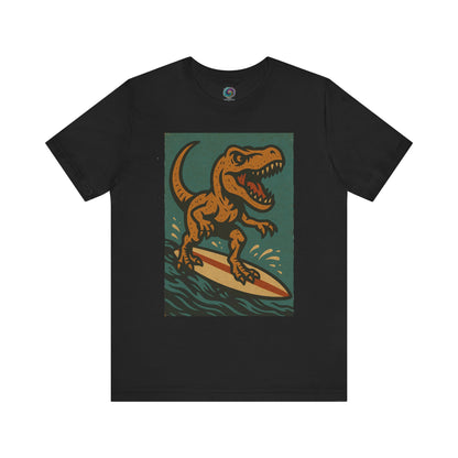 Black Surfing t-rex t shirt  from WhimSpin- A rearing t Rex riding a yellow surf board on the waves