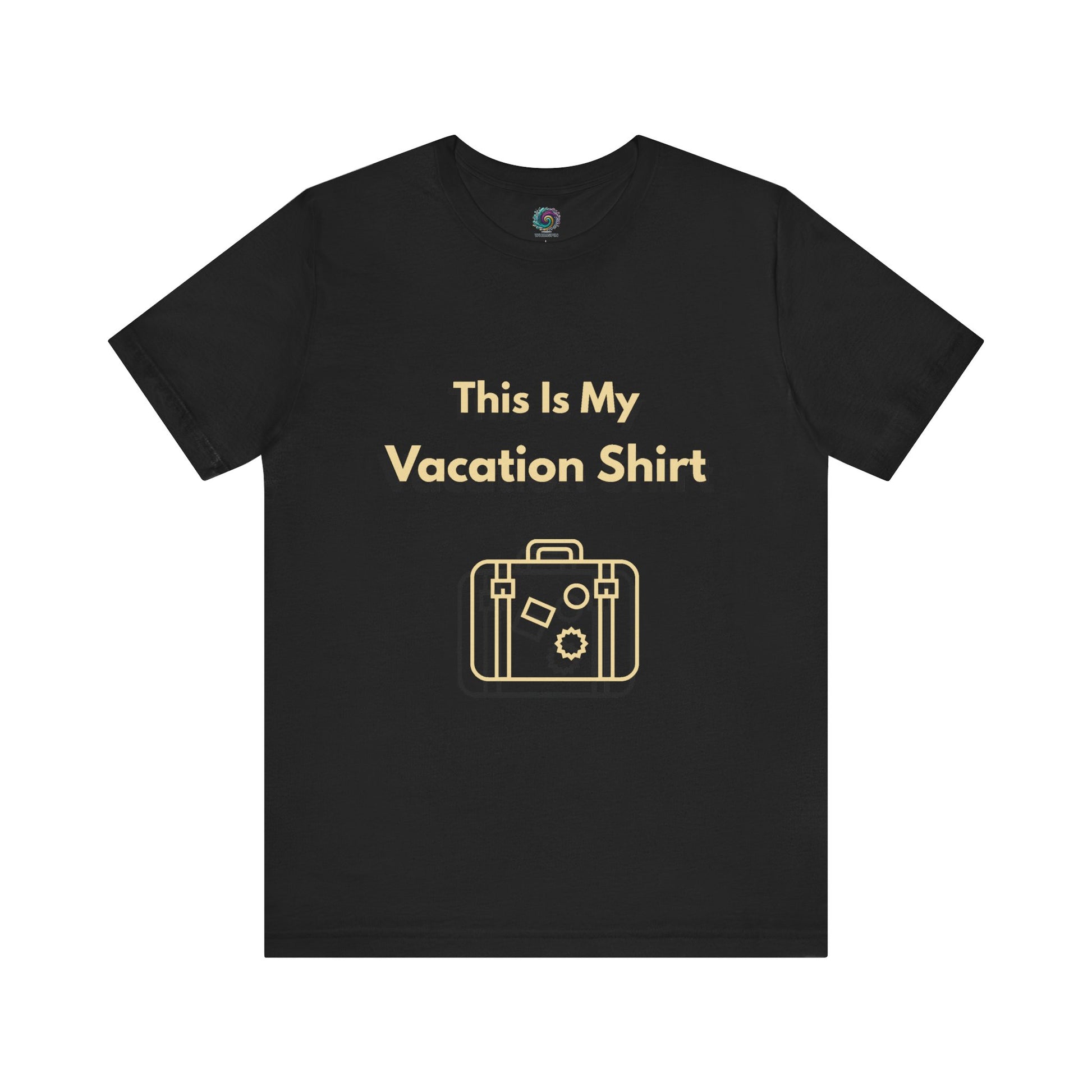 Black "This is My Vacation Shirt" Tee from WhimSpin  - a black tshirt with "This is My Vacation Shirt" written in yellow over top an yellow outline of a suitcase