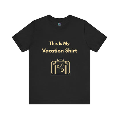 Black "This is My Vacation Shirt" Tee from WhimSpin  - a black tshirt with "This is My Vacation Shirt" written in yellow over top an yellow outline of a suitcase