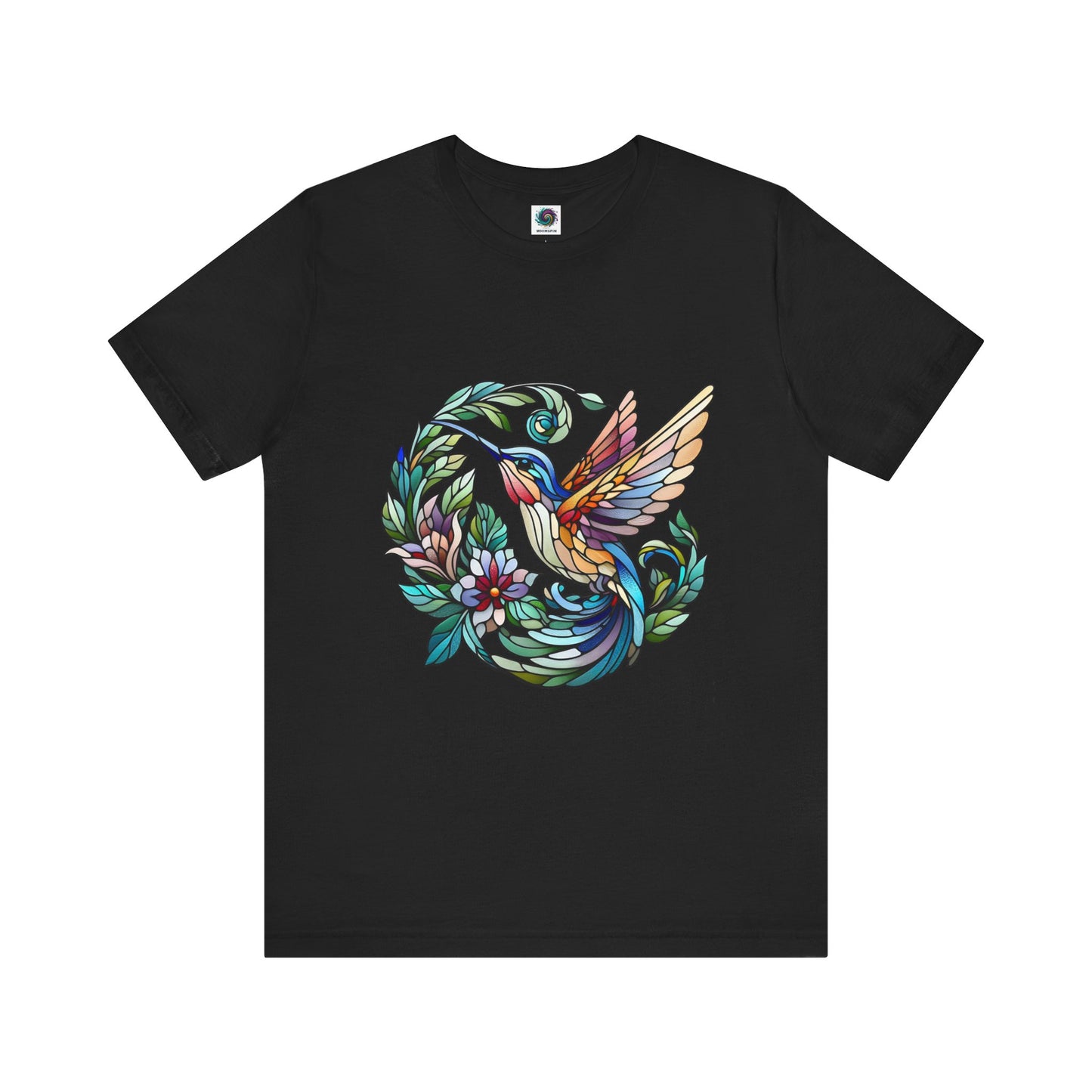 Stained Glass Hummingbird T-Shirt – Colorful Floral Bird Graphic Tee in black with stained glass hummingbird art and soft nature-inspired colors and floral motif