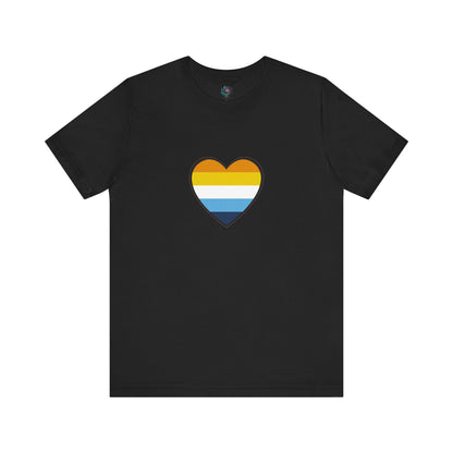 BLACK AroAce Flag Heart T-shirt from WhimSpin. The shirt is black with a heart drawn in the center made up of dark orange, light orange, white, turquoise, and navy blue stripes.