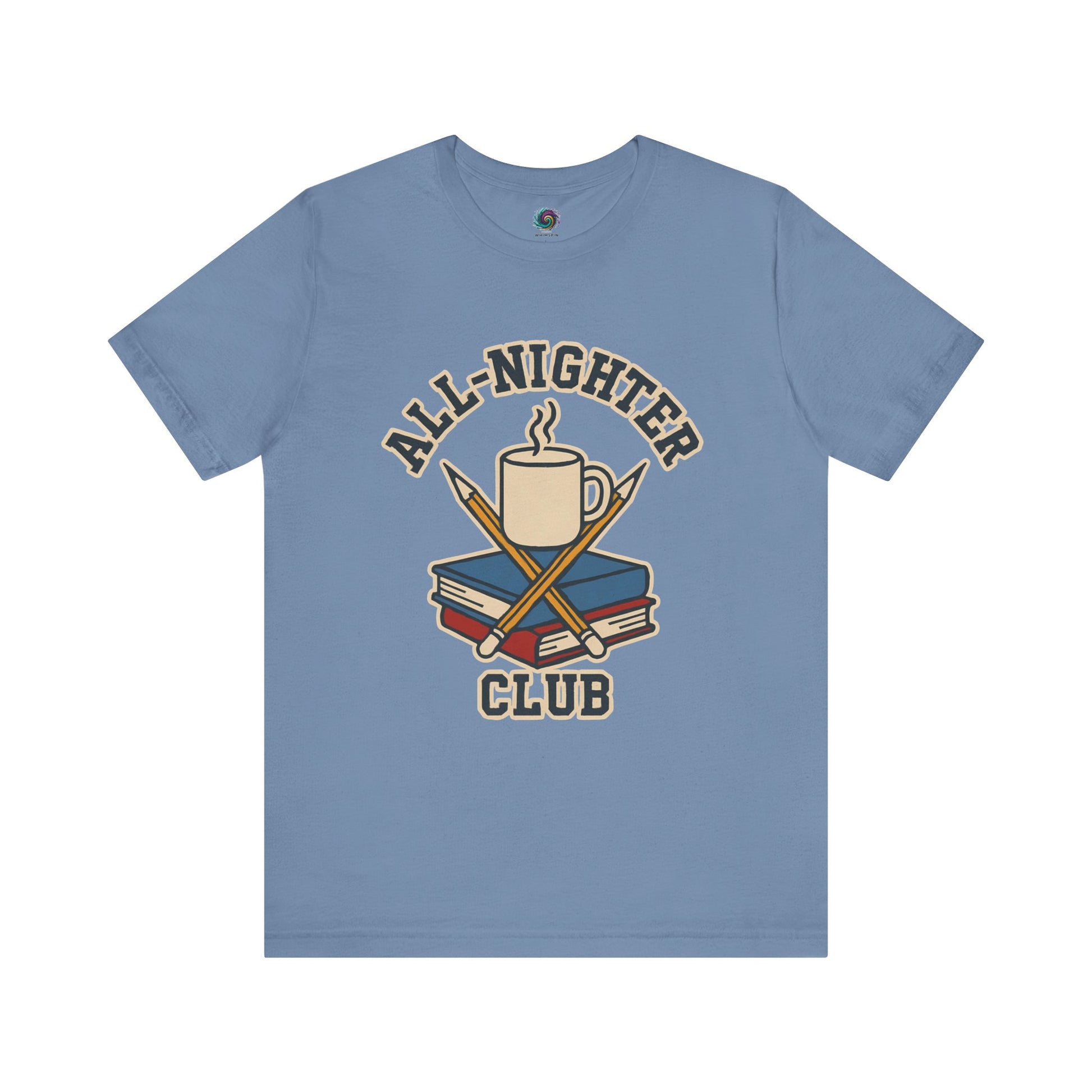 Blue t-shirt with 'All-Nighter Club' graphic design on a white background All-Nighter Club T-Shirt – Funny Caffeine & Study Tee for Night Owls
