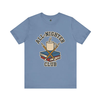 Blue t-shirt with 'All-Nighter Club' graphic design on a white background All-Nighter Club T-Shirt – Funny Caffeine & Study Tee for Night Owls