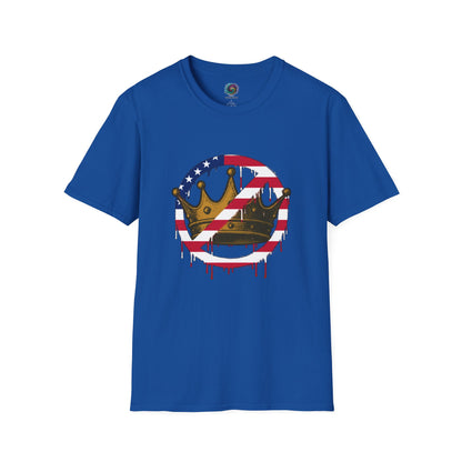Blue No Kings Protest T-Shirt from WhimSpin with a graphic design featuring a crown with the "no" slashed circle symbol drawn in an American flag pattern on a white background