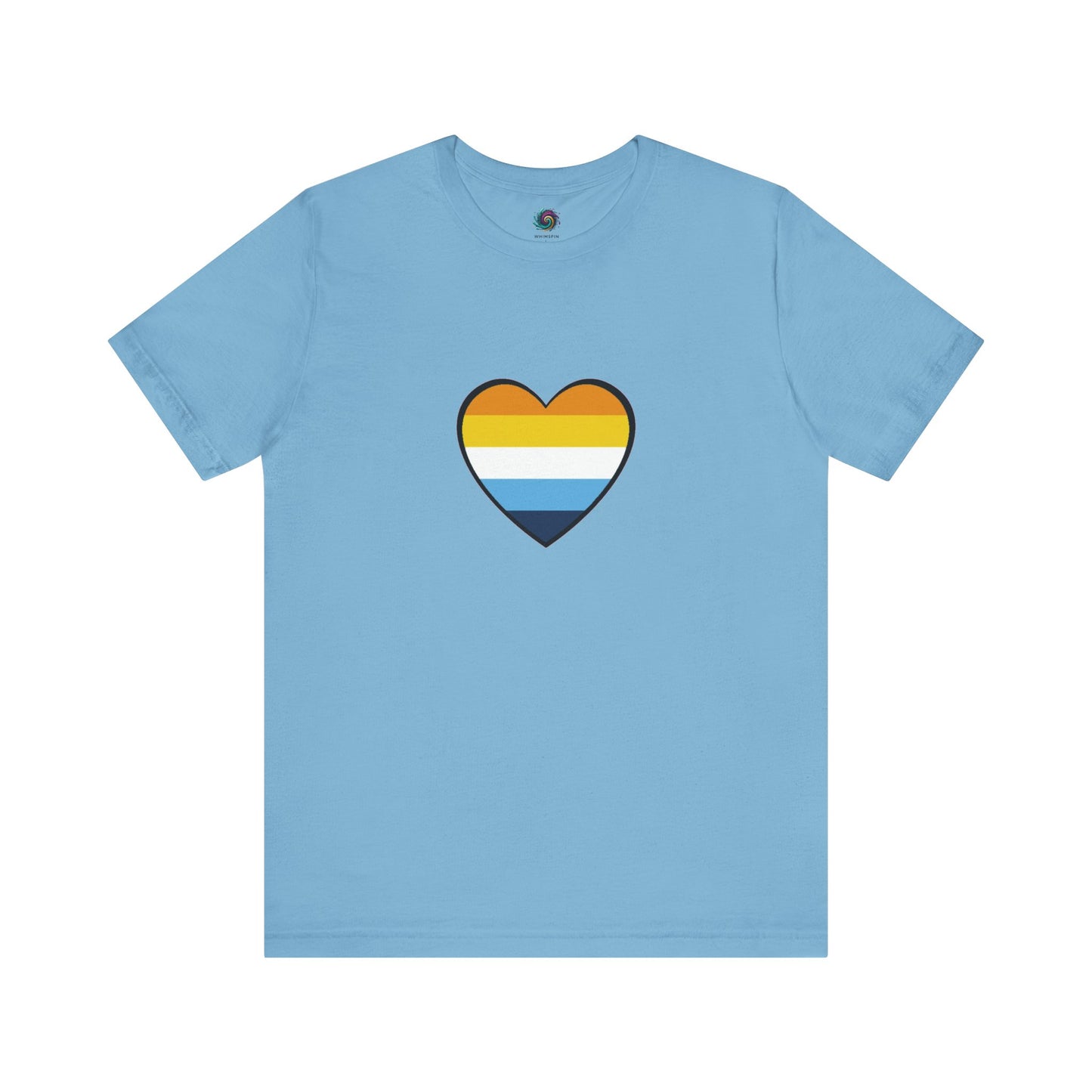 AroAce Flag Heart T-shirt from WhimSpin. The shirt is turquoise with an aroace heart drawn in the center made up of dark orange, light orange, white, turquoise, and navy blue stripes.