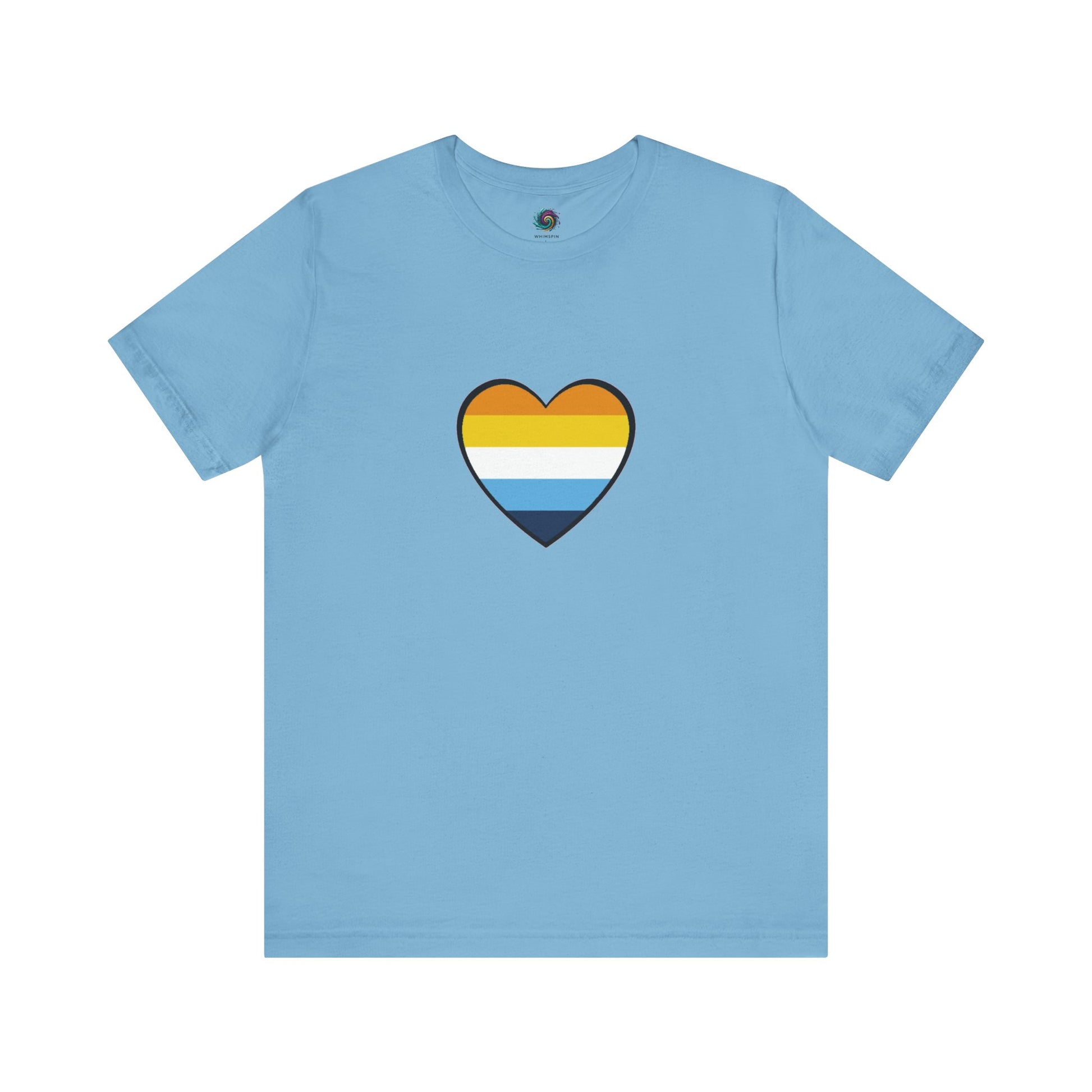 AroAce Flag Heart T-shirt from WhimSpin. The shirt is turquoise with an aroace heart drawn in the center made up of dark orange, light orange, white, turquoise, and navy blue stripes.