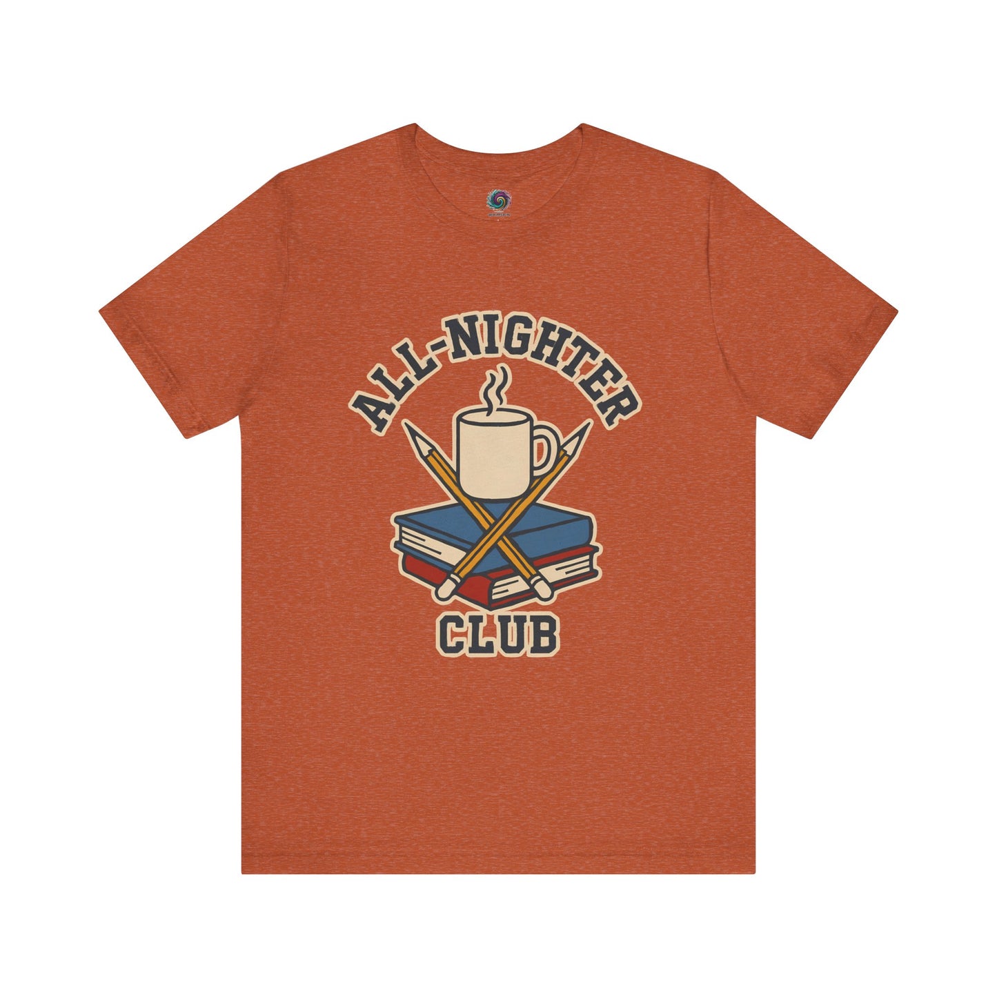 Burnt Orange t-shirt with 'All-Nighter Club' graphic design featuring a mug, books, and crossed sticks on a white background. All-Nighter Club T-Shirt – Funny Caffeine & Study Tee for Night Owls