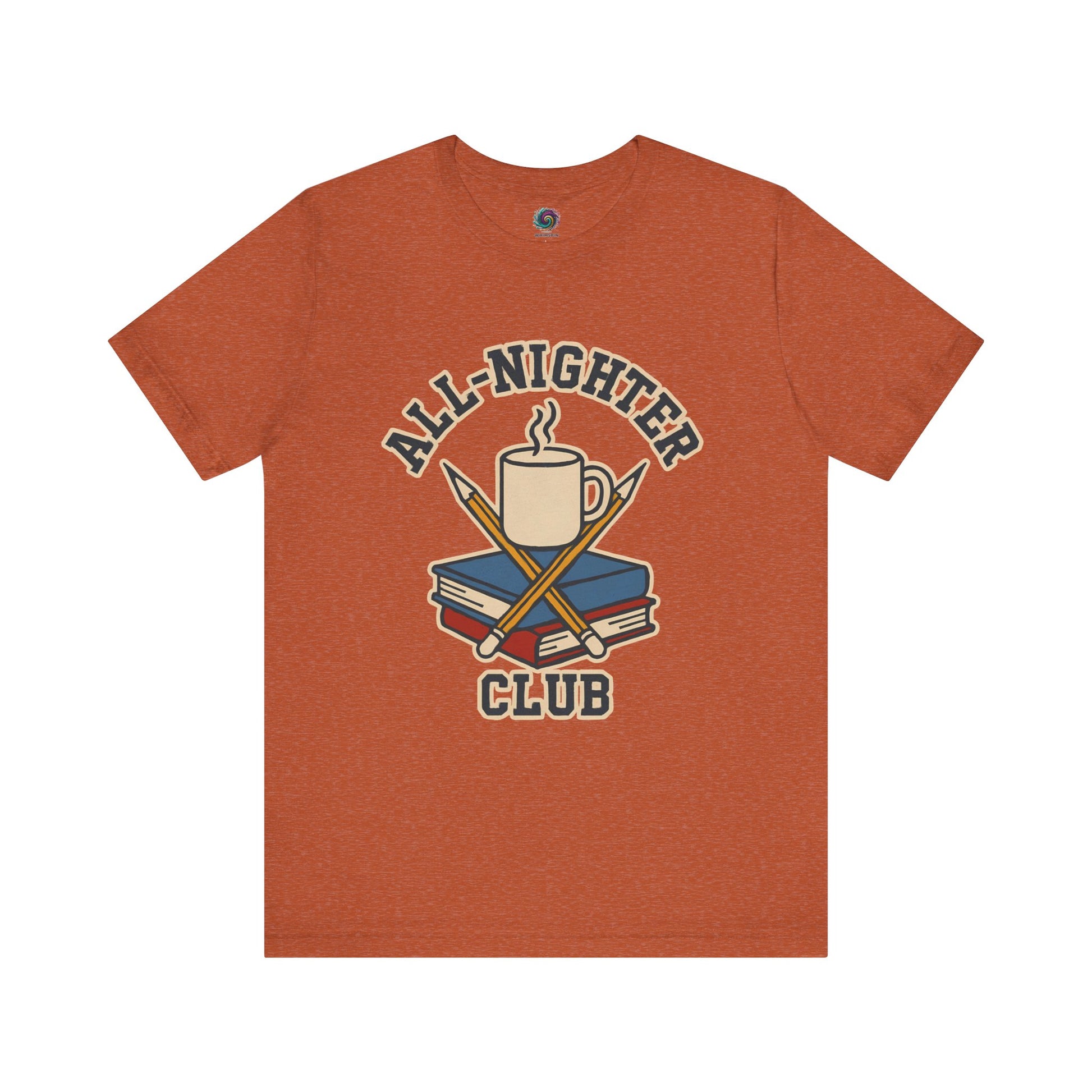 Burnt Orange t-shirt with 'All-Nighter Club' graphic design featuring a mug, books, and crossed sticks on a white background. All-Nighter Club T-Shirt – Funny Caffeine & Study Tee for Night Owls