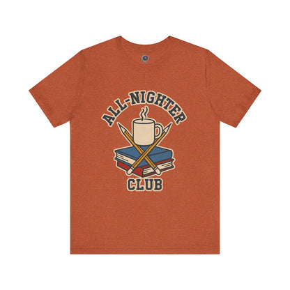 Burnt Orange t-shirt with 'All-Nighter Club' graphic design featuring a mug, books, and crossed sticks on a white background. All-Nighter Club T-Shirt – Funny Caffeine & Study Tee for Night Owls