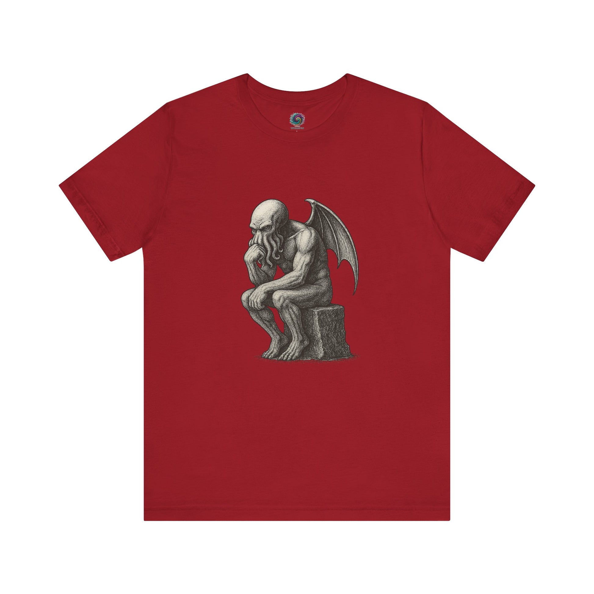 The Thinker Cthulhu Shirt – Lovecraftian Funny T-Shirt Unisex Graphic Tee in red with a bold thinker parody graphic for horror fans and mythos humor lovers.