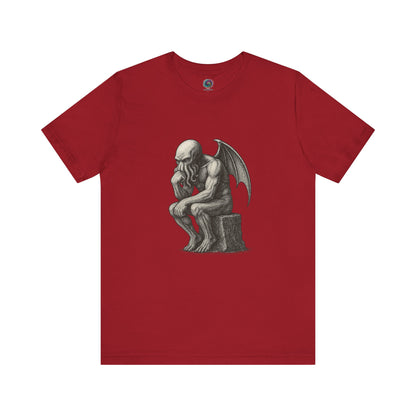 The Thinker Cthulhu Shirt – Lovecraftian Funny T-Shirt Unisex Graphic Tee in red with a bold thinker parody graphic for horror fans and mythos humor lovers.