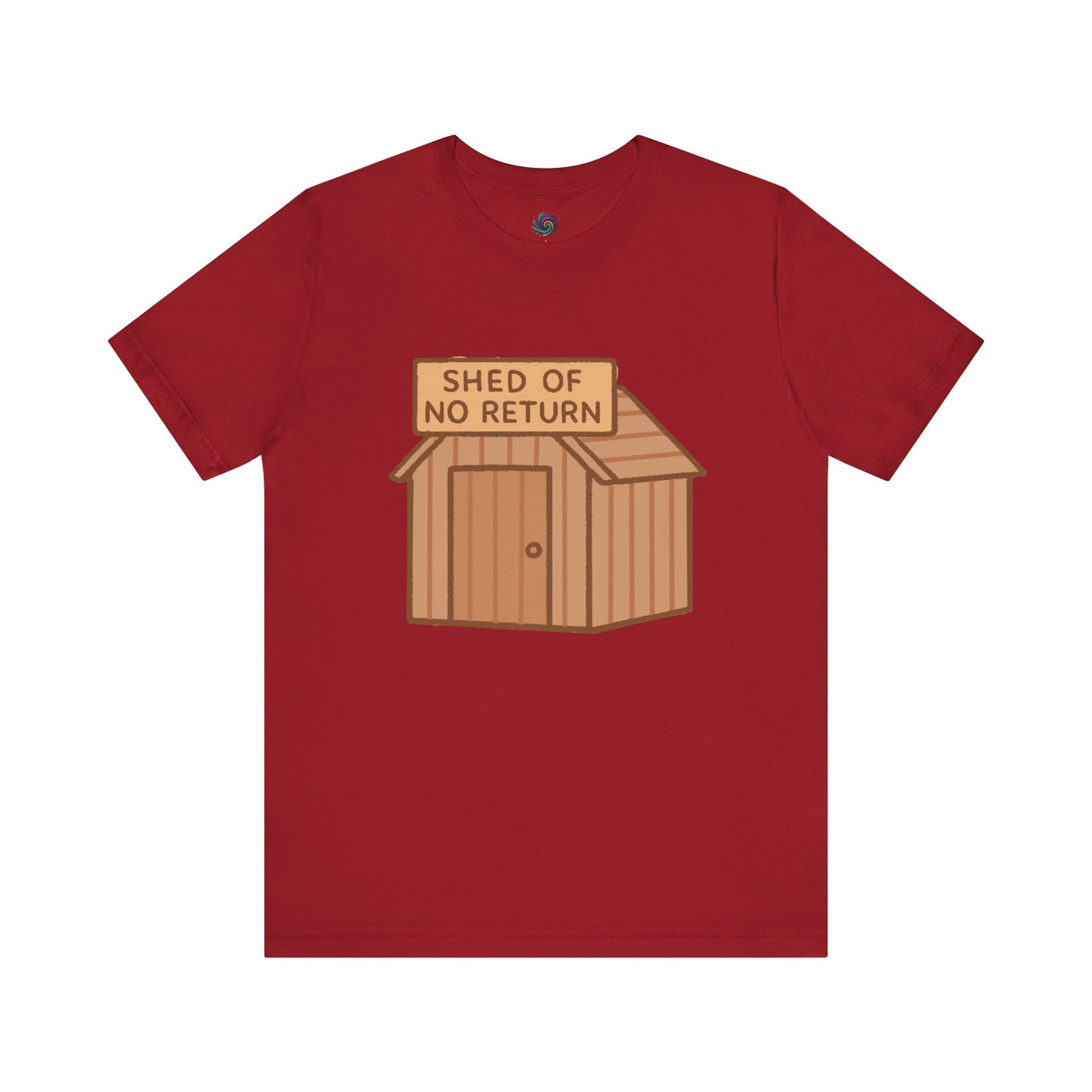 canvas red Shed of No Returns T shirt from Whimspin lay-flat image on a white background